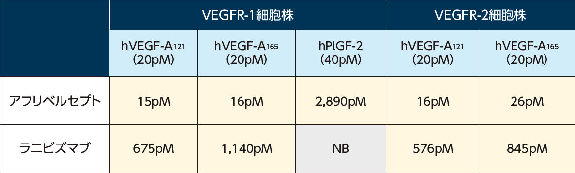 抗VEGF薬のVEGF-VEGF受容体結合の阻害作用（IC50, in vitro）の表